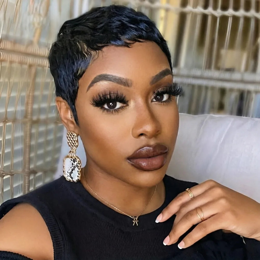 short layered 4inch natural black color pixie wave human hair wig150% density wig machine made wig for women