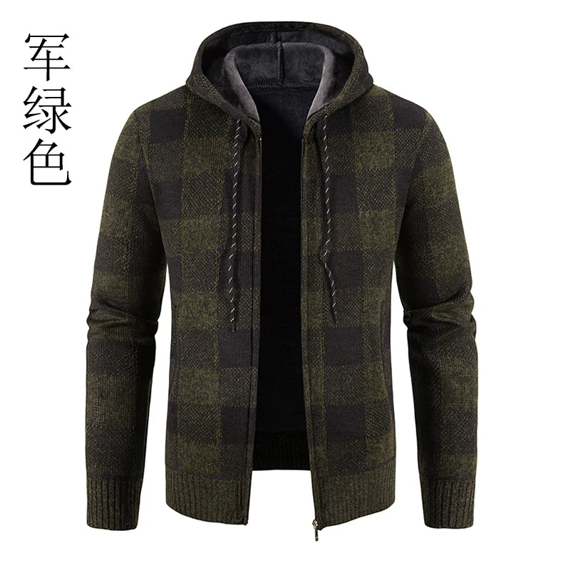 Chaqueta a cuadros nueva para hombre, suéter con capucha, forro polar de otoño e invierno, ropa informal gruesa y cálida, cortavientos para el frío