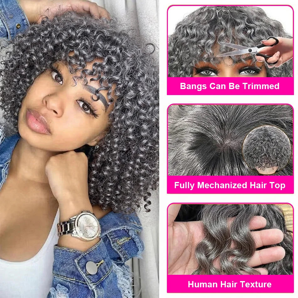 250 Density Silver Grey Bob Wigs Salt and Pepper Short Curly Human Hair Wigs Colored Deep Wave Wig Brazilian 10 12 14 Inch Remy