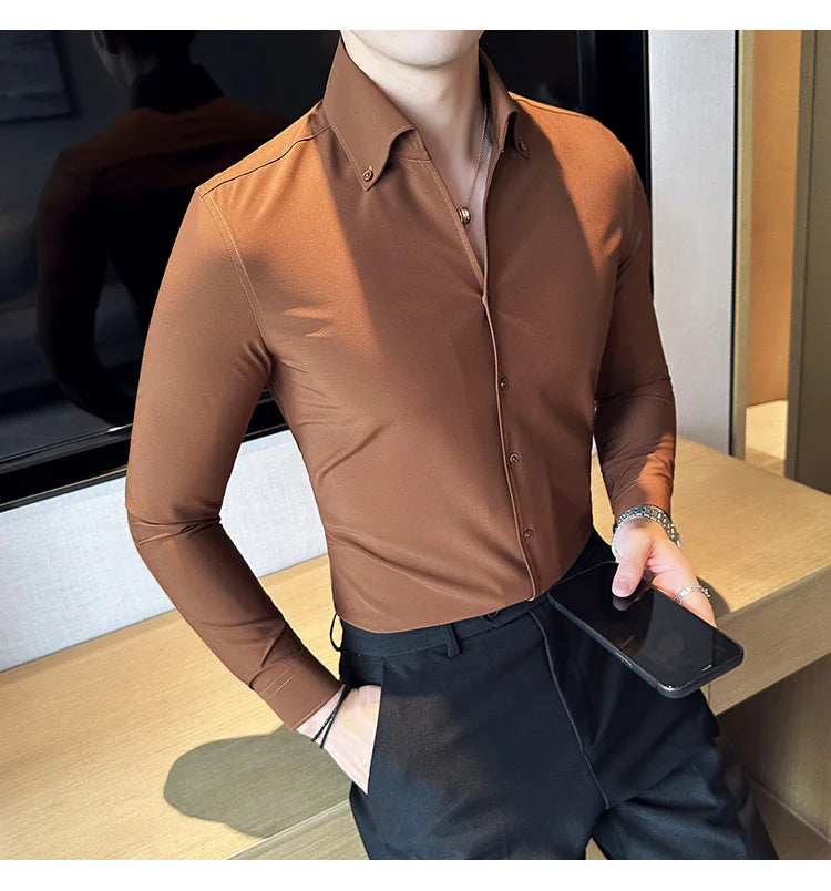 Camisa de vestir de hombre Otoño Estilo británico Liso Casual Ajustado Formal Camisas Cuello en V Manga Larga Camisa Ropa de hombre Streetwear