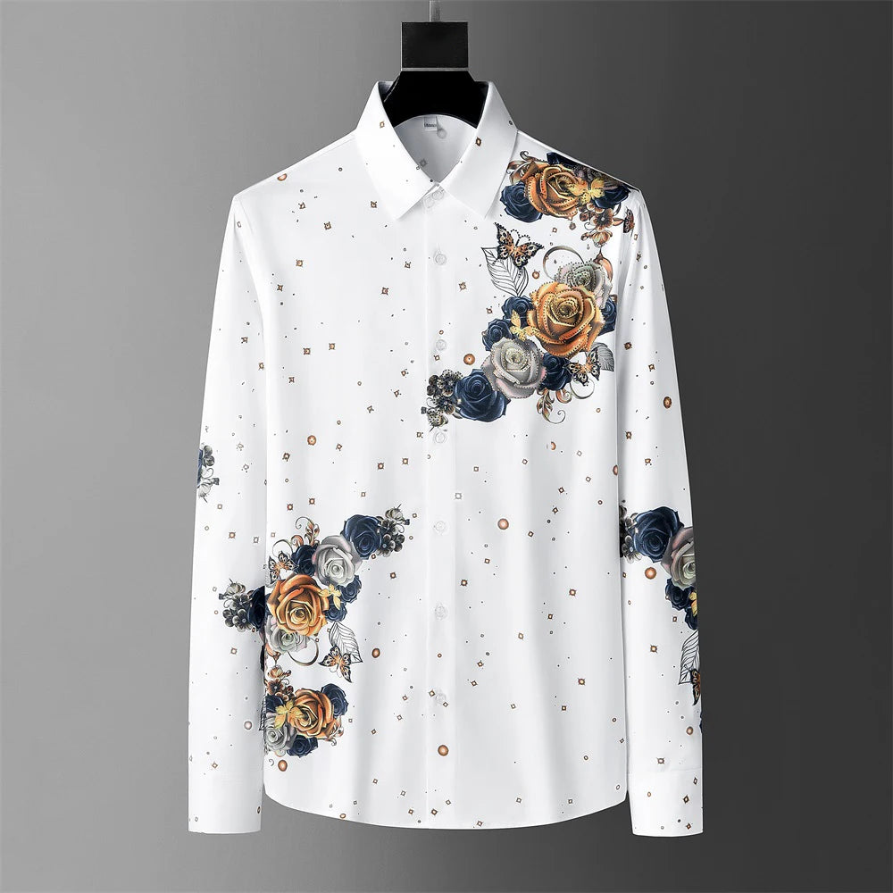 Camisa estampada de lujo camisa casual de manga larga para hombre corte entallado para fiesta social chaqué de hombre