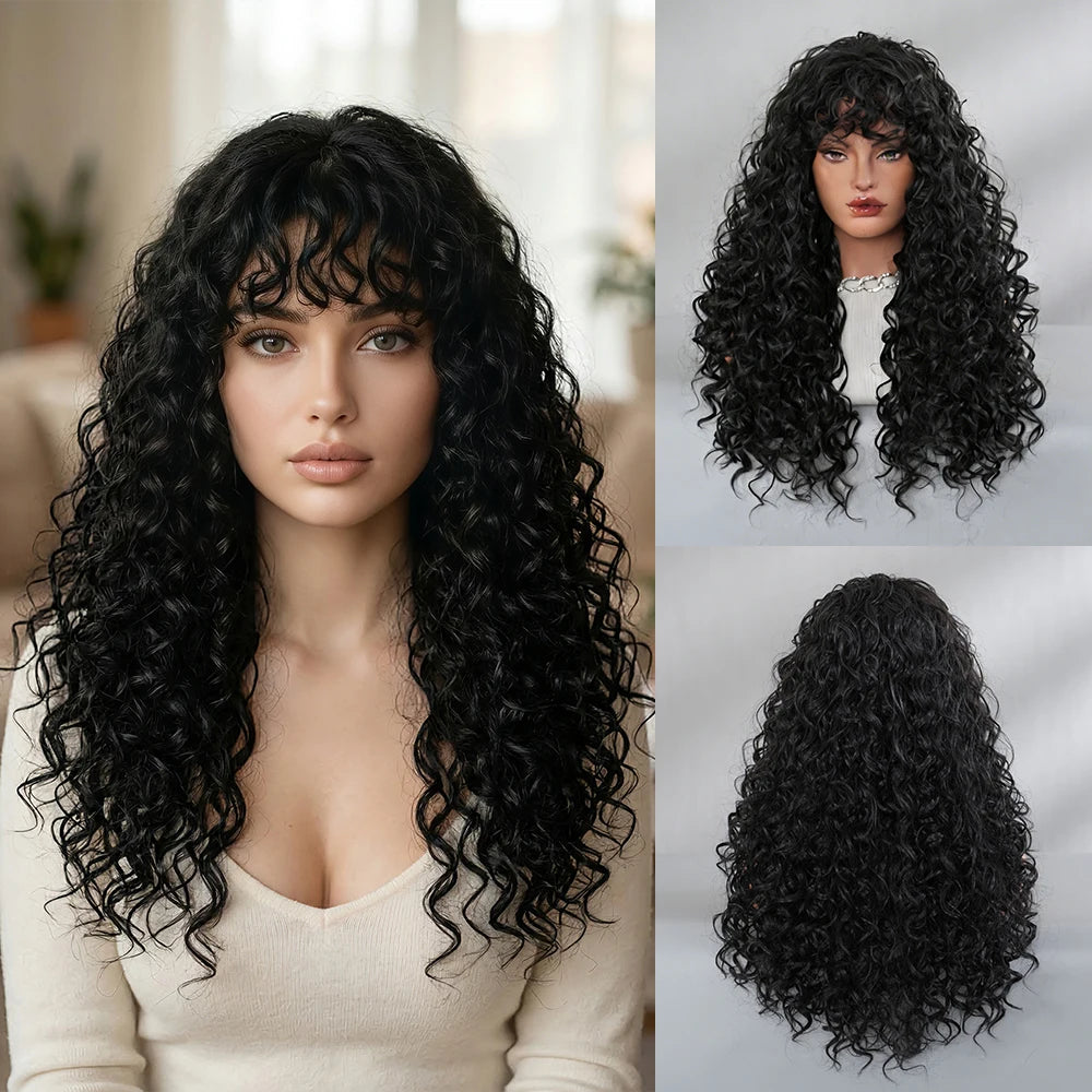 Deep Wave Black Wigs with Bangs Fluffy Long Curly Hair Wigs for Black Women White Women Natural Looking Heat Resistant Fiber