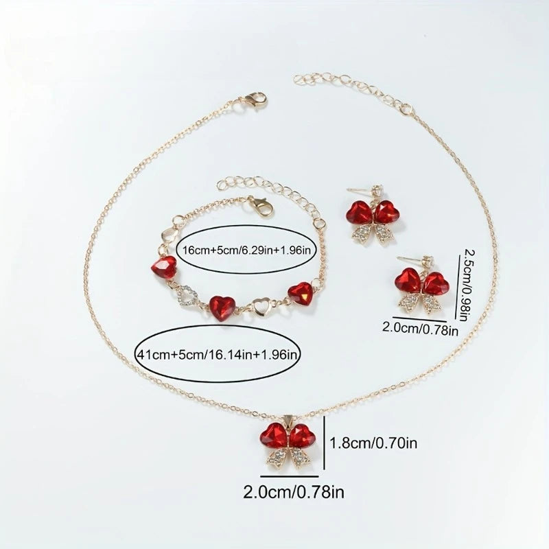 Juego de 4 piezas/set de collar, pulsera y pendientes de lazo de amor de color rojo de moda, adecuado para regalos de joyería para fiestas de San Valentín de mujer