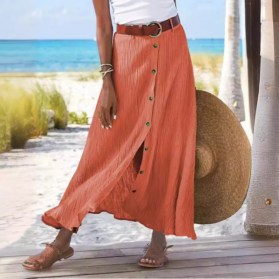 Falda de mujer primavera verano, nueva moda casual, algodón y lino, color sólido, botones, falda dividida, línea A, cintura alta, falda larga.