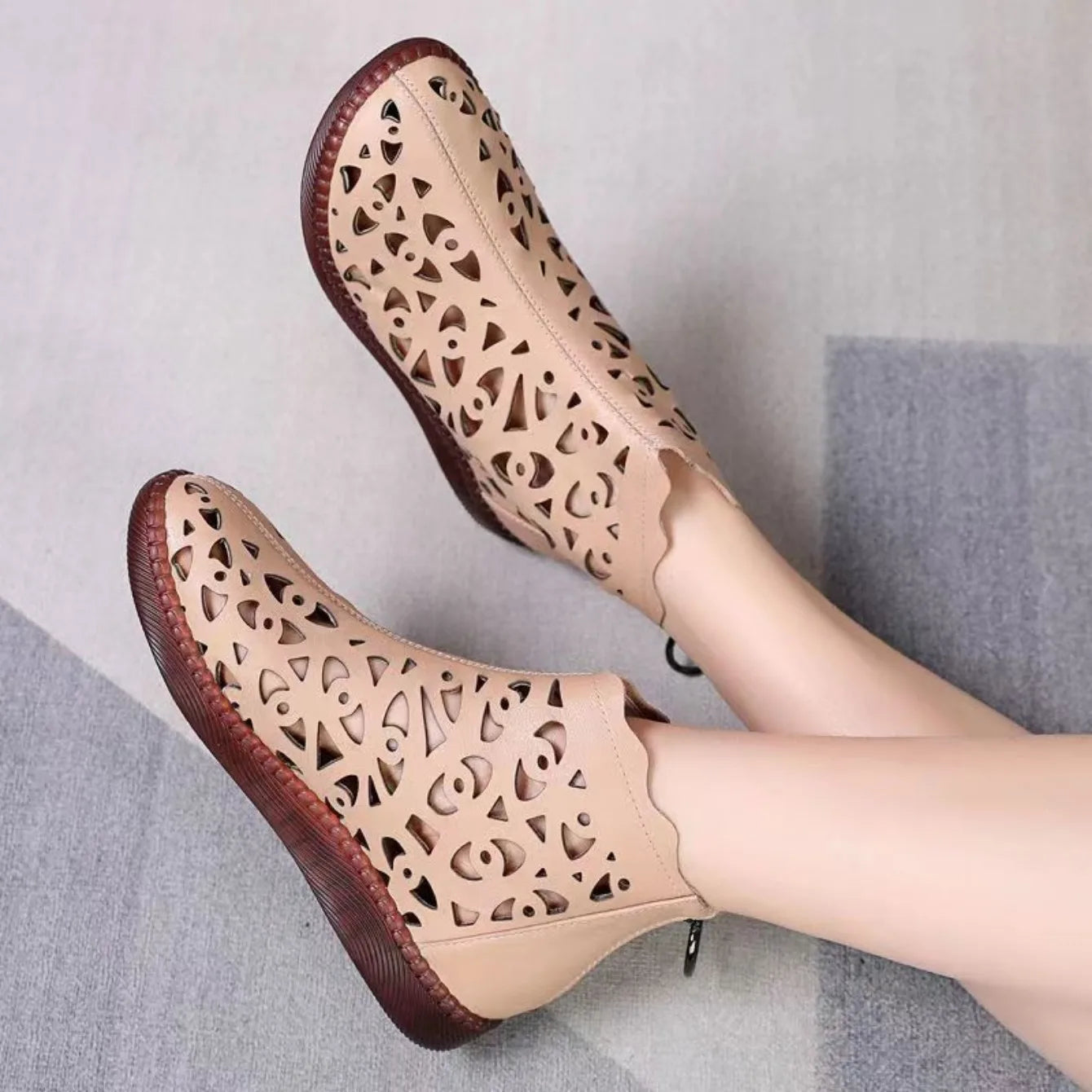 Women Boots New Spring Summer Leather Sandals Women Breathable Hole Boots Flat Soft Non-slip Comfortable Shoes for Women