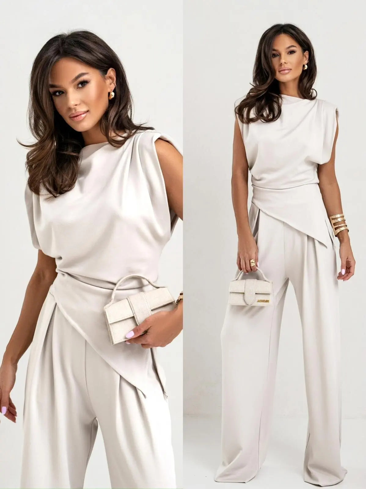 Traje de pantalones plisados asimétricos para mujer, blusa sexy sin mangas, pantalones de pierna recta de talle alto con bolsillos, conjunto de moda nuevo para verano