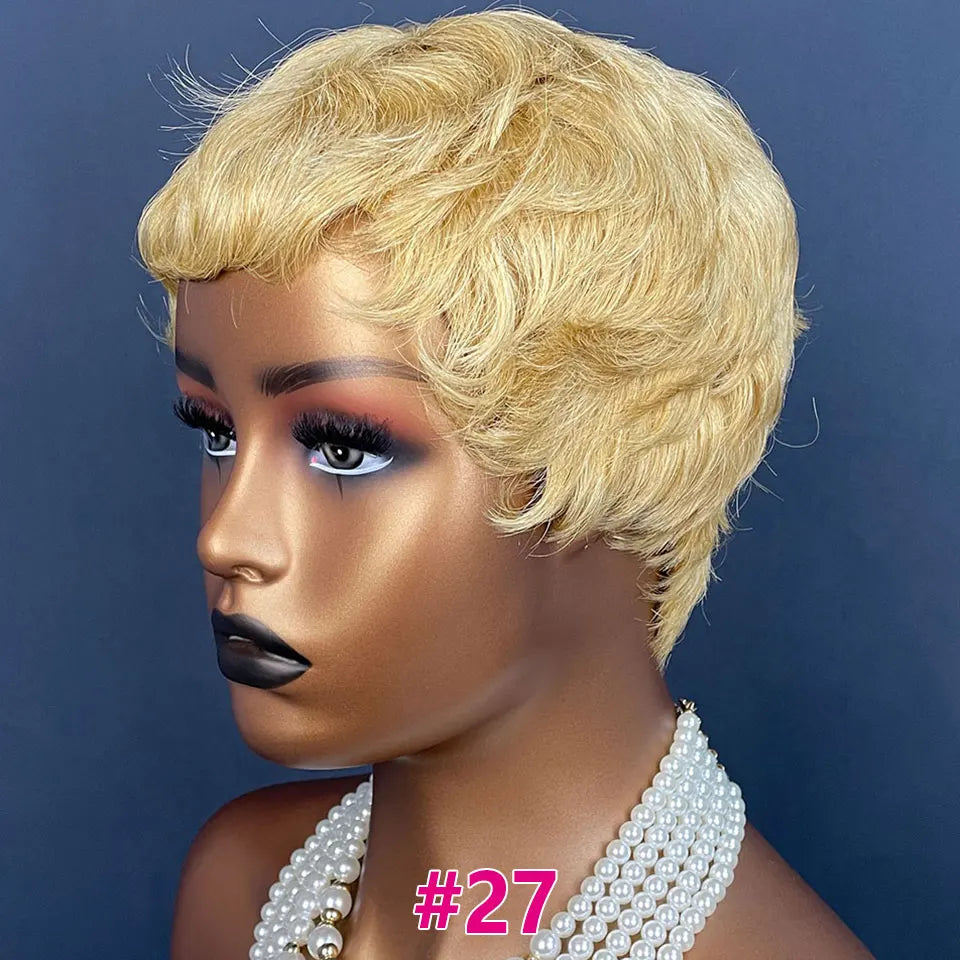 Pixie Cut Human Hair Wigs Short Wigs for Women Color 30 Layered Pixie Wig With Bangs Blonde Full Machine Made Wig On Sale