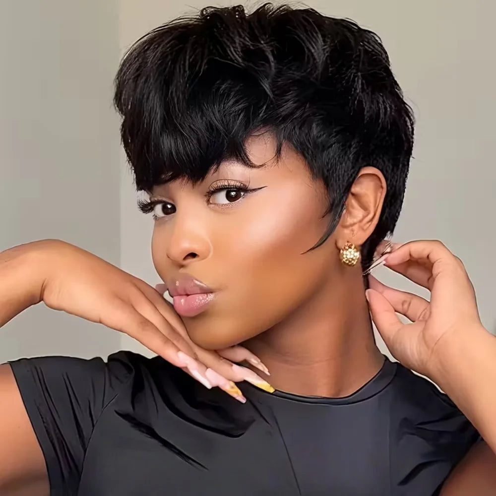 Natural-Look Short Pixie Cut Human Hair Wig – Full Machine-Made