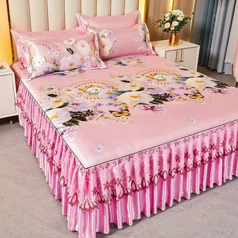 3 deler sommer sengeteppe i skjørtstil, sengeteppe i blonder i europeisk stil, tredelt sett i skjørtstil, sengeteppe i madrass, støvbeskyttelse