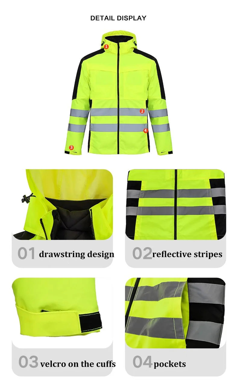 Trajes de trabajo de alta visibilidad amarillos para el invierno, conjunto de chaqueta impermeable de alta visibilidad 3 en 1 con forro y pantalones de trabajo para hombre