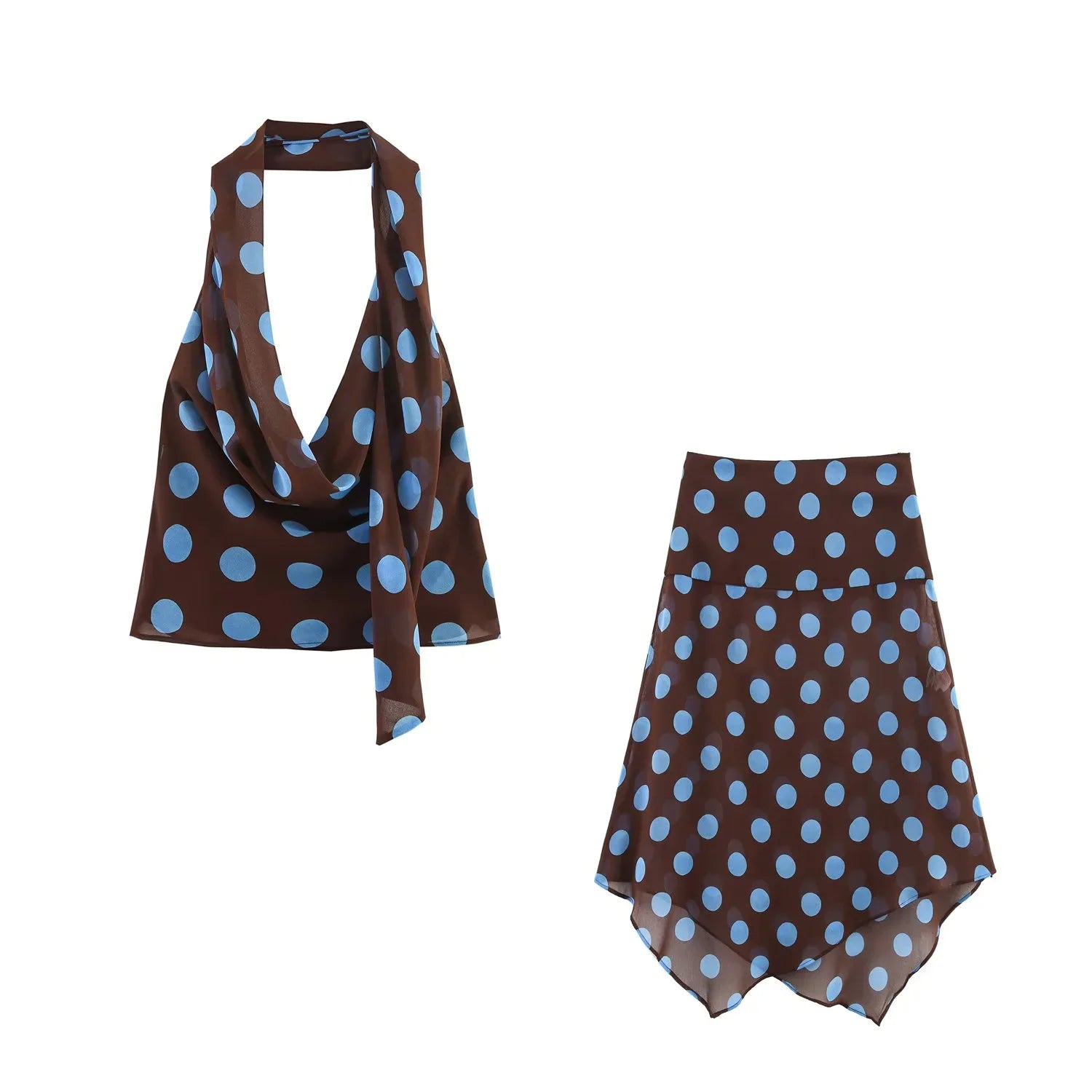 TRAF Faldas Midi Estampadas de Lunares Conjuntos de Dos Piezas para Mujer Trajes Chic de Top Halter con Pañuelo de Verano Conjuntos de 2 Piezas para Mujer de Playa
