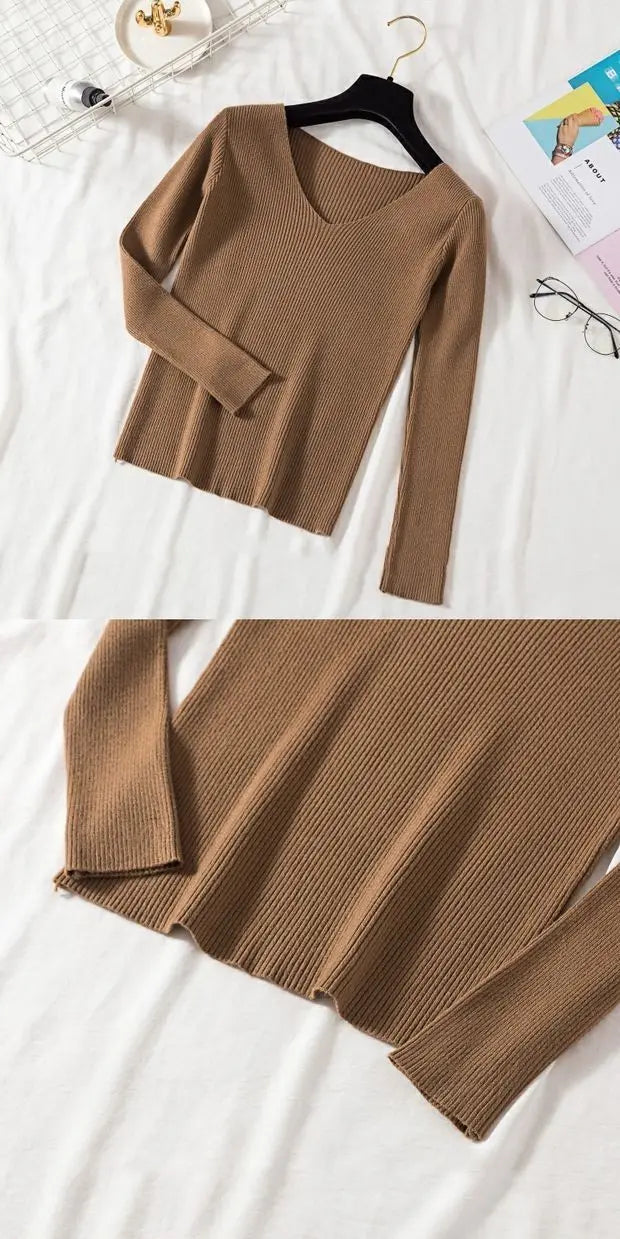 Suéter de mujer nuevo otoño invierno de manga larga jersey básico top de moda cuello en V elástico femenino invierno de punto sólido