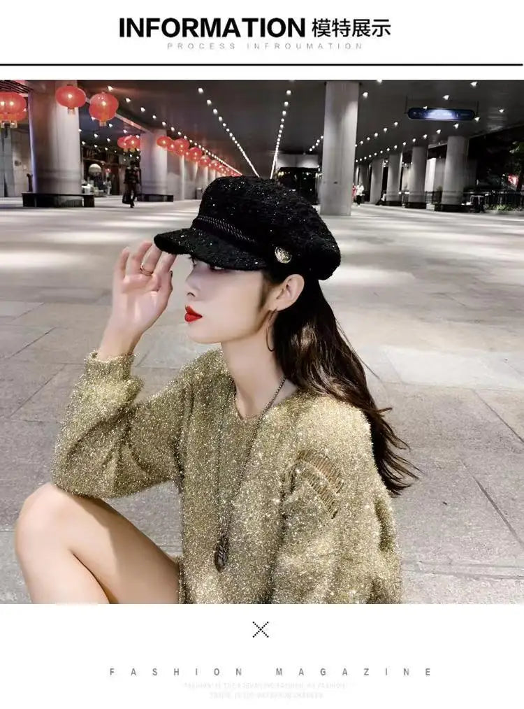 Moda Mujer Hombre Gorra Militar Primavera Otoño Gorras Marineras Negras Boina para Mujer Gorra Plana de Capitán Viaje Sombrero Octagonal Cadete