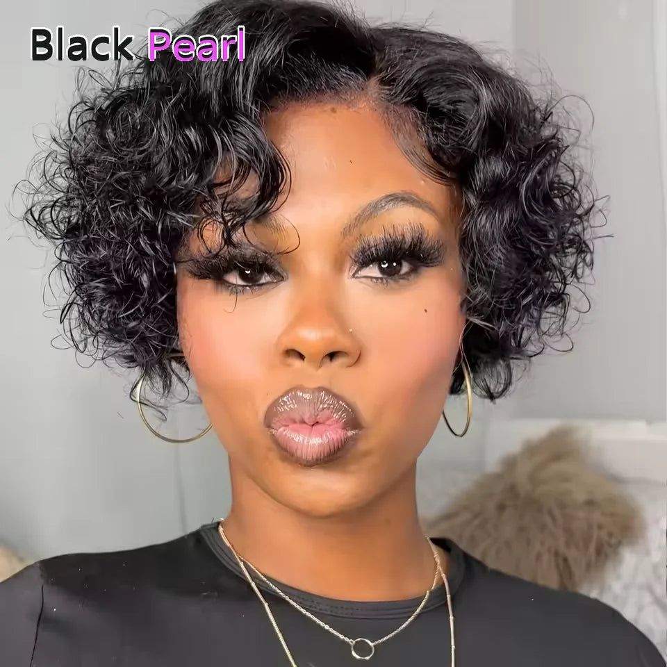 Peluca Bob Corto Black Pearl Pixie Cut Peluca de Pelo Humano Rizado para Mujer Color Negro Cierre de Encaje en T Peluca de Encaje Onda Profunda