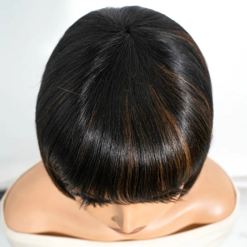 Rebecca Glueless Short Bob Wig with Bangs Dark Brown (1B/30), 8 Inch Natural Look, Machine-Made Human Hair Wig, Everyday Wear