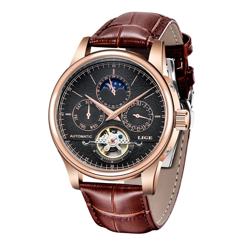 LIGE Relojes para hombre Reloj mecánico automático Reloj Tourbillon Piel auténtica Reloj impermeable Reloj de pulsera militar para hombre