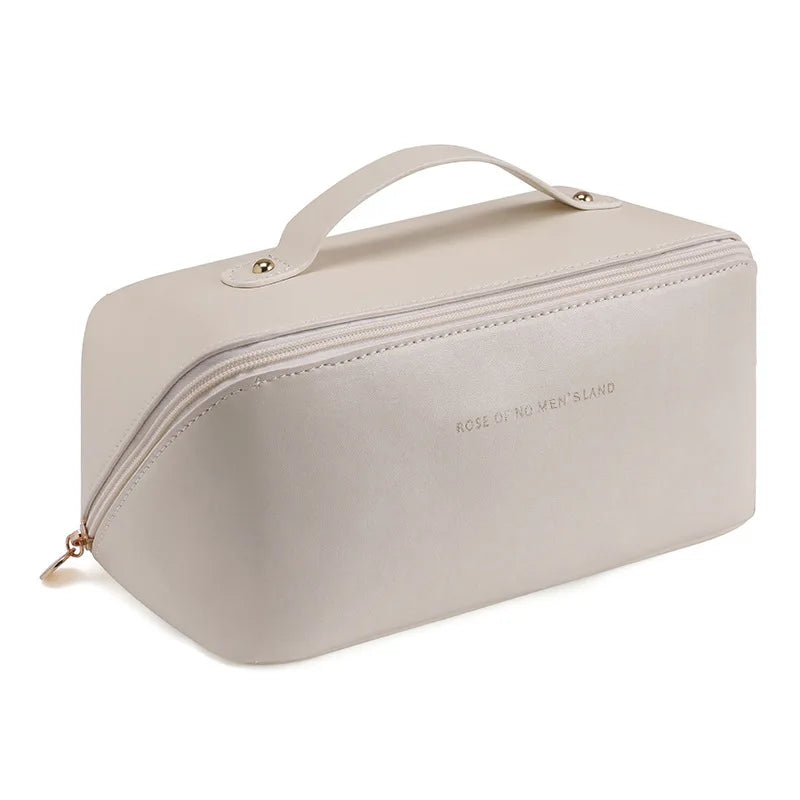 Bolsa de maquillaje PU a la moda y práctica, bolsa de almacenamiento de viaje, neceser de gran capacidad, bolsa de maquillaje con almohadilla de belleza para apoyar la mano