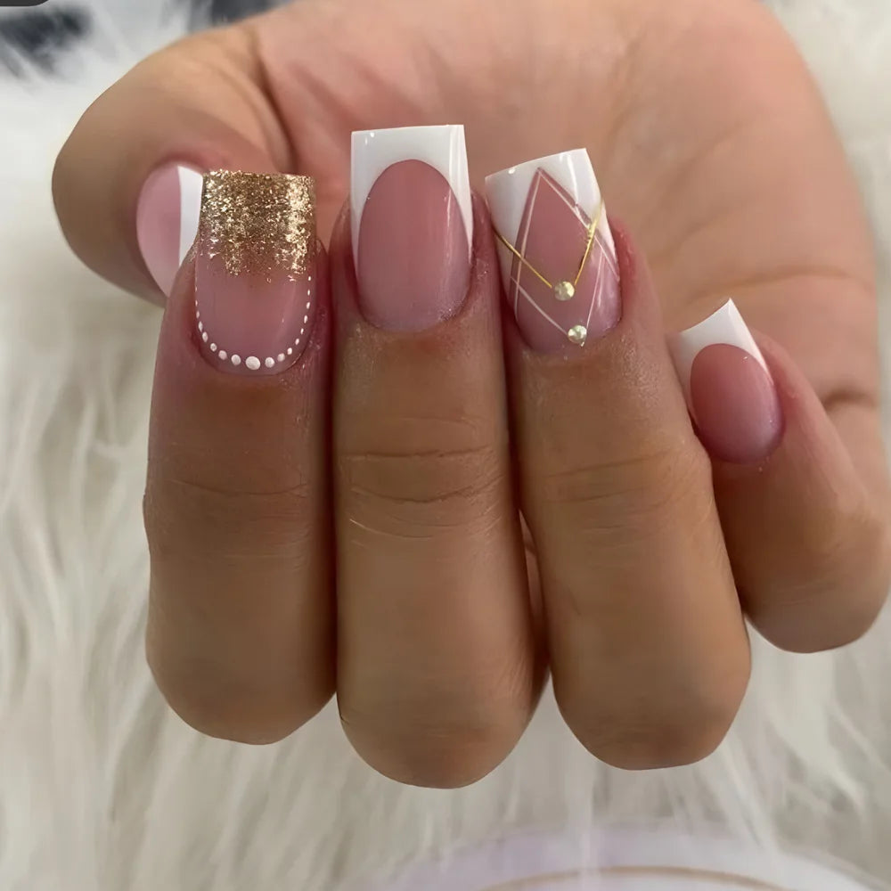 24 Uñas postizas simples con diamantes rotos, cortas, cuadradas, a presión, con diseño de ballet, cobertura completa, color blanco degradado
