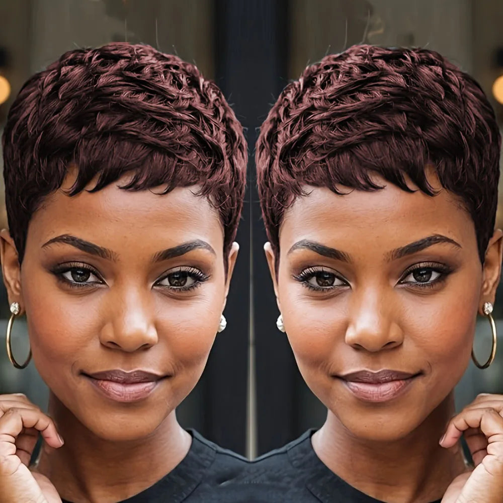 150% Density 4Inch Pixie Cut Curly Wave Human Hair Wig for Women Full Machine Made Wig for Daily Wear and Party