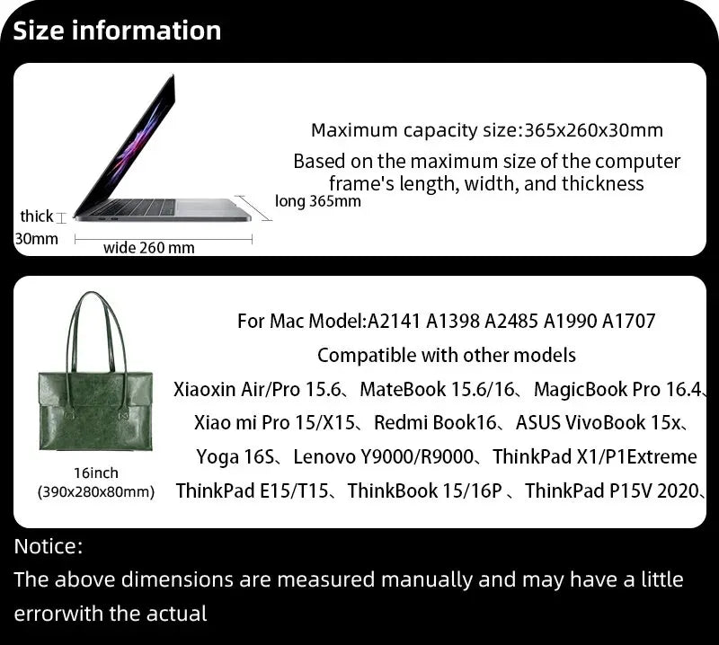 New Ladies 15 16 Inch Laptop Bag Handbag For MacBook Pro 16.2 Lenovo MateBook HP Dell 15.6 Shoulder Bag
