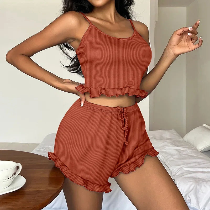 Conjunto de pijama de verano para mujer, 2 tirantes, ropa de casa, pijama suave, color sólido, pantalones cortos sexis, ropa de dormir informal ventilada para mujer