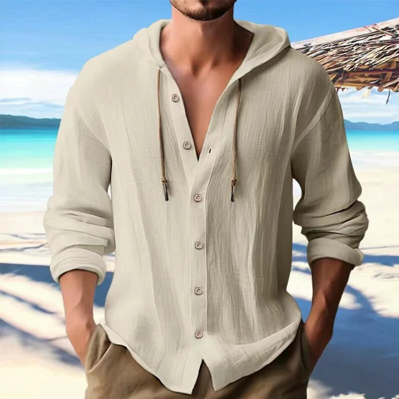 Camisa de Lino para Hombre Lisa Estilo Urbano Manga Larga Sudadera con Capucha Cárdigan Ropa para Hombre Camisas con Botones Casual Holgado con Capucha