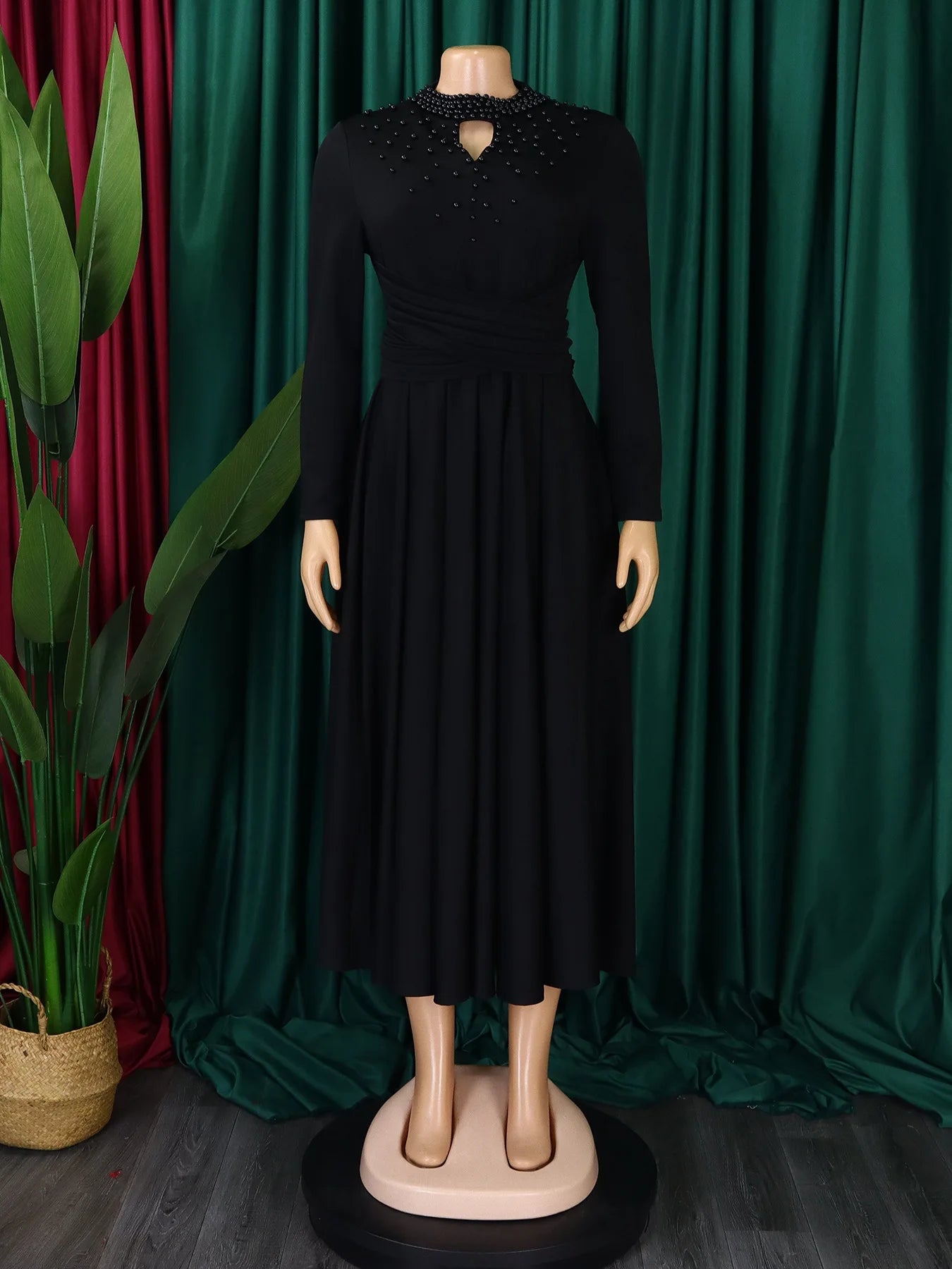 Vestido Elegante Africano para Mujer, Vestidos de Noche con Cuello Alto y Cuentas a la Moda, Vestido Delgado de Temperamento para Mujer, Vestidos Casuales de Manga Larga