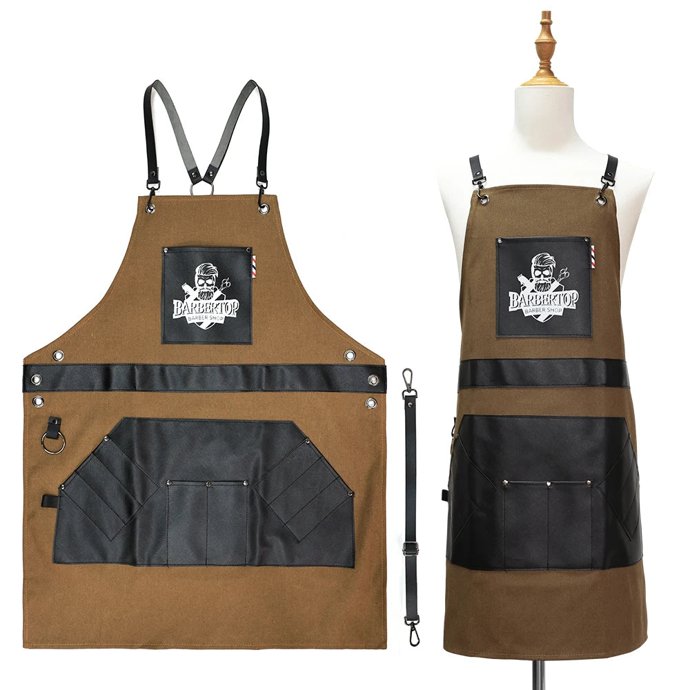 Delantales de barbero, uniforme de cocina para peluquero, delantal impermeable de tela con bolsillo para salón de barbería