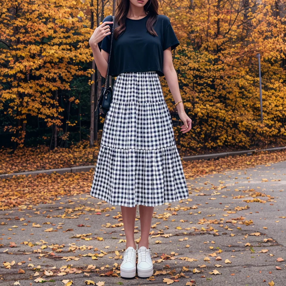 Jupe patchwork à volants pour femme, style vintage, à carreaux, taille haute, élastique, amincissante, mi-longue, été