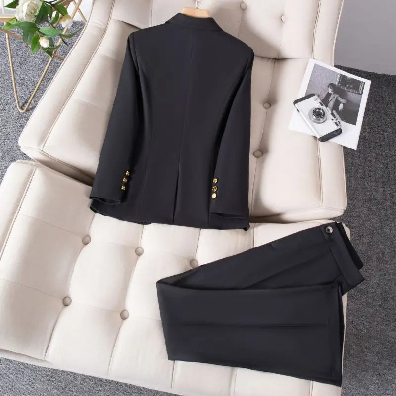 Conjunto de dos piezas de blazer corto informal retro de invierno para mujer y pantalones de pierna ancha, traje de color liso con cierre en la cintura