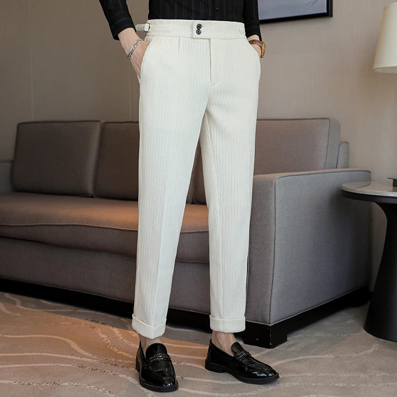 Nuevo pantalón informal de cintura alta de felpilla napolitana de lujo ligero para hombres, pantalón de vestir para hombres de ajuste delgado con sensación premium, pantalón