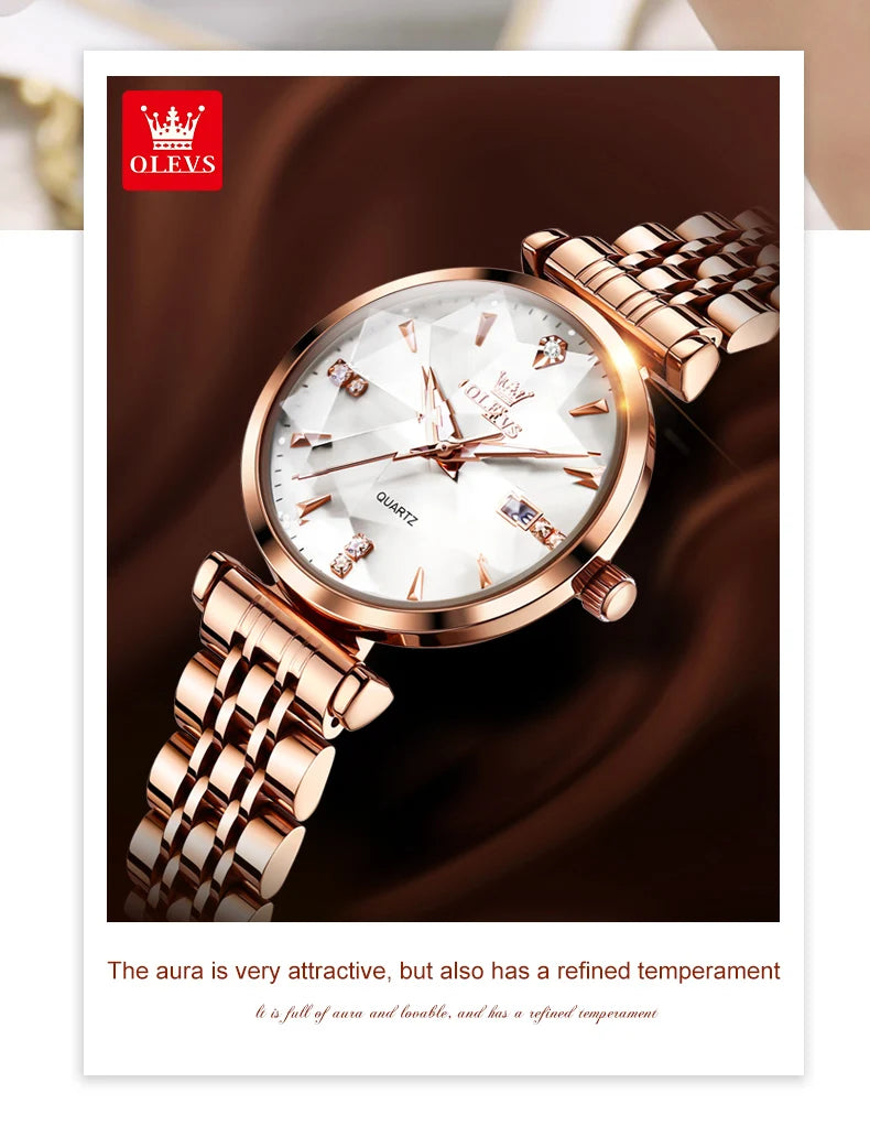 OLEVS 5536 Reloj de mujer de alta calidad con diseño de joyas elegantes, reloj de cuarzo impermeable, reloj de lujo de oro rosa para mujer Reloj Mujer