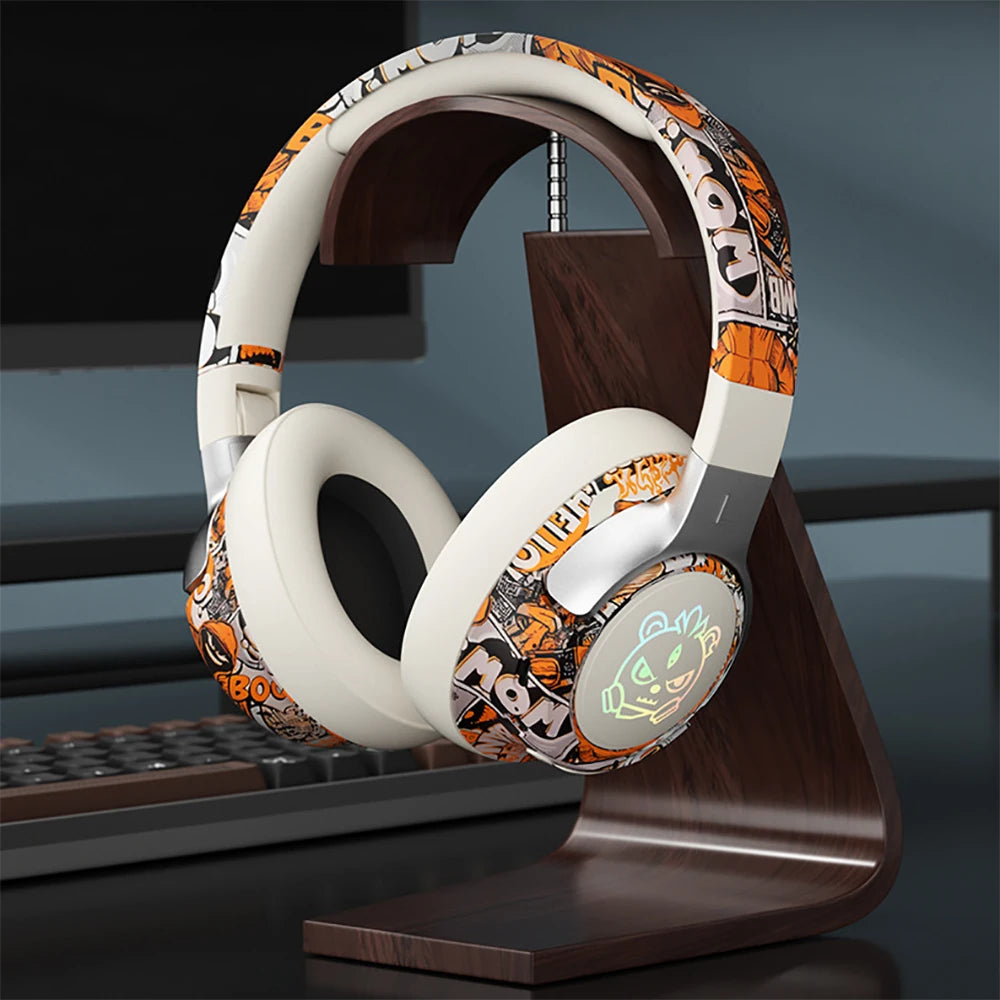 Bluetooth 5.3 Gaming Headset – Trådløse hodetelefoner med RGB-lys, lav latensmodus, støydempende mikrofon, komfortable øreklokker for PC