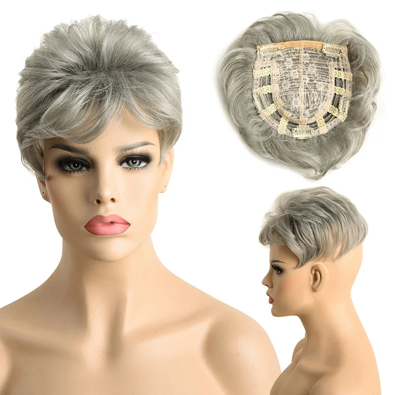 Synthetic Hair Topper Pieces for Thinning Hair Natural Curly Texture 6 Inch Short Pixie Cut Toppers Hair Wigs for Women