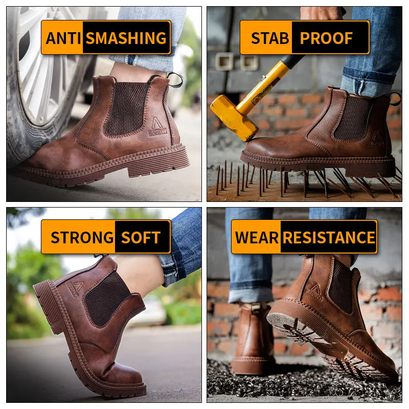 Zapatos de seguridad impermeables para hombre, botas de cuero con punta de acero, calzado masculino, botas de trabajo de construcción indestructibles, color marrón