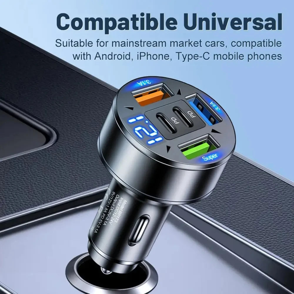 Cargador de coche 5 en 1 de 250 W PD QC3.0 Carga rápida USB C para iPhone Samsung Galaxy iPad Pro Adaptador multipuerto para encendedor de cigarrillos