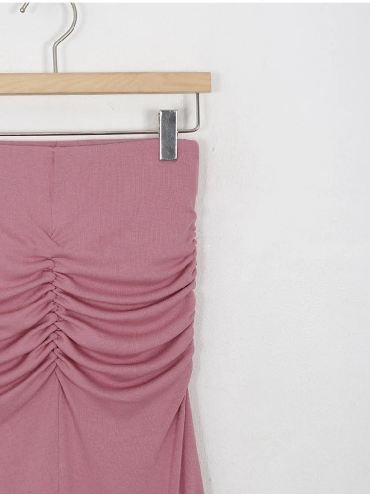 Faldas de satén fruncidas para mujer Falda de cintura alta para mujer Faldas elegantes línea A Falda midi rosa de verano Nuevo estilo coreano