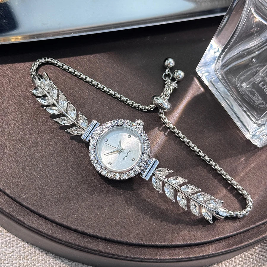 New fashion diamond-encrusted leaf round women's watch simple dial freely adjust cross-border gift watches