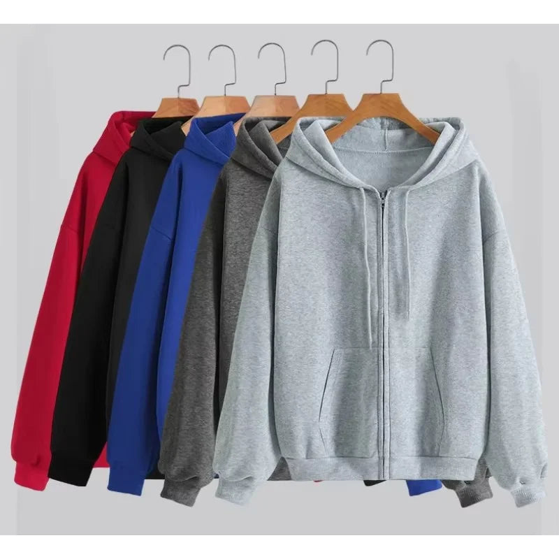 Fashion Gray Zip Up Sweatshirt Women Autumn Winter Jacket Clothes Hoodies Daily Pockets Long Sleeve Solid Versatile Lady Hoodies