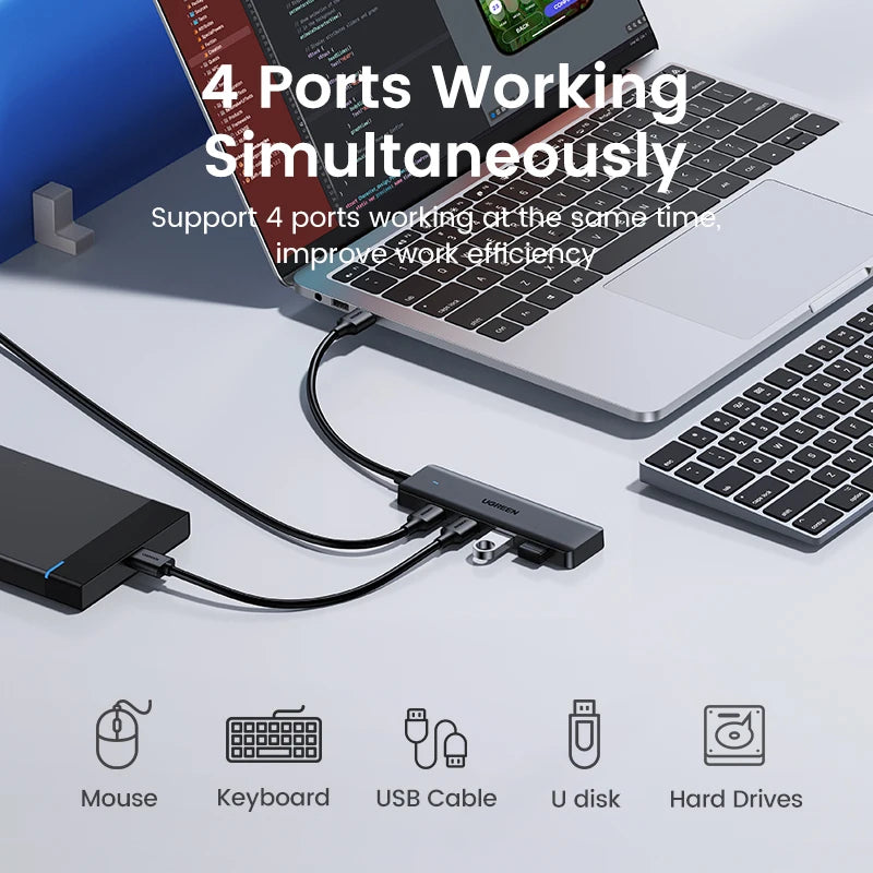 UGREEN Concentrador USB 3.0 de 4 puertos, USB HUB delgado para ratón, teclado, compatible con MacBook Pro Air Laptop, PC de escritorio, Xbox, PS5 Splitter