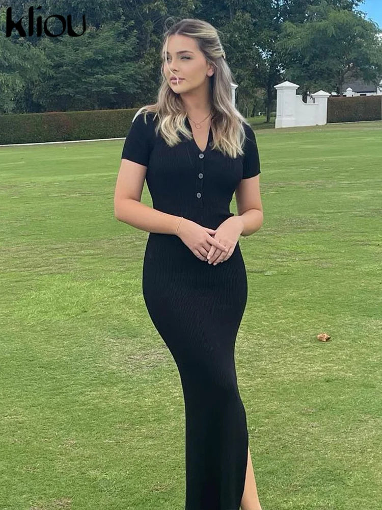 Kliou Elegante Vestido Largo de Oficina para Mujer Color Liso Cuello Vuelto Manga Corta Botones Abertura Lateral Moldeador de Cuerpo Estilo Urbano