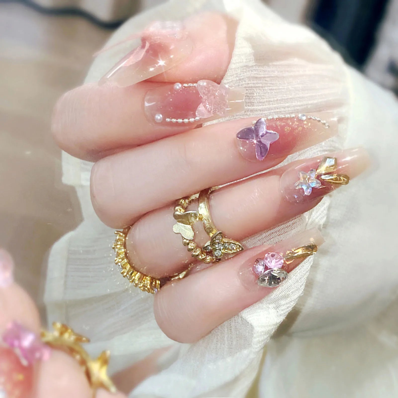 Light Pink Fake Nails with White Tip Ultra-flexible Long Lasting Fake Nails for Stage Performance Wear MIAO-US