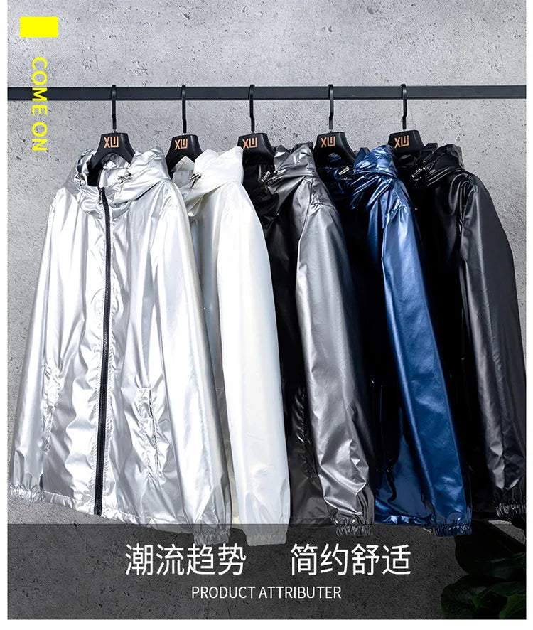 Chaquetas con capucha de superficie brillante para hombre, para senderismo, pesca, deportes al aire libre, cortavientos, estilo fino, abrigos de tendencia, ropa de hombre 7XL
