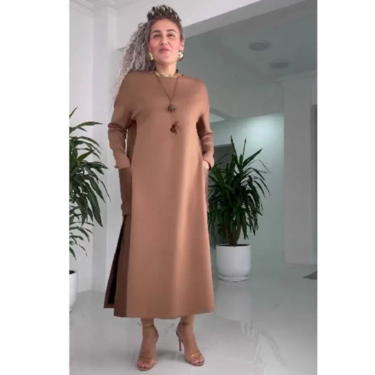 Elegante Vestido Marrón de Otoño Moda Cuello Redondo Manga Larga Retales Abertura Lateral Ropa Urbana Vestidos con Bolsillos Para Mujer Vestidos Nuevos