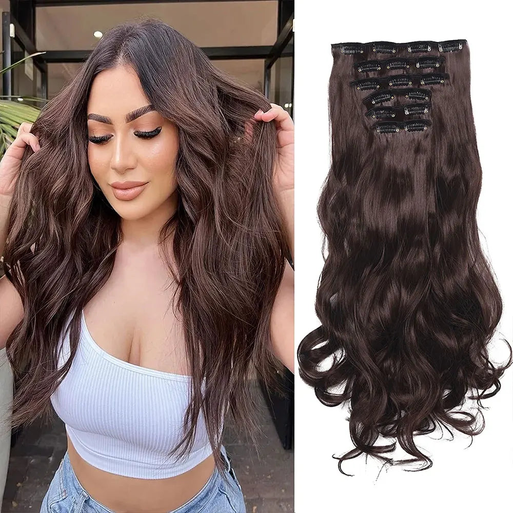 24" Long Wavy Clip-In Hair Extensions – Thick, Double Weft & Natural Look (6PCS)