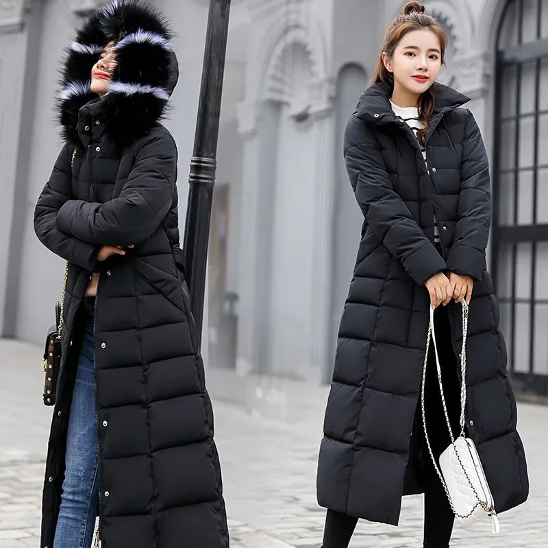 Chaqueta larga de algodón para mujer, parkas, abrigo, nueva, invierno, hasta la rodilla, suelta, con cuello grande de piel, con capucha, cálida, gruesa, parkas para mujer, abrigo acolchado