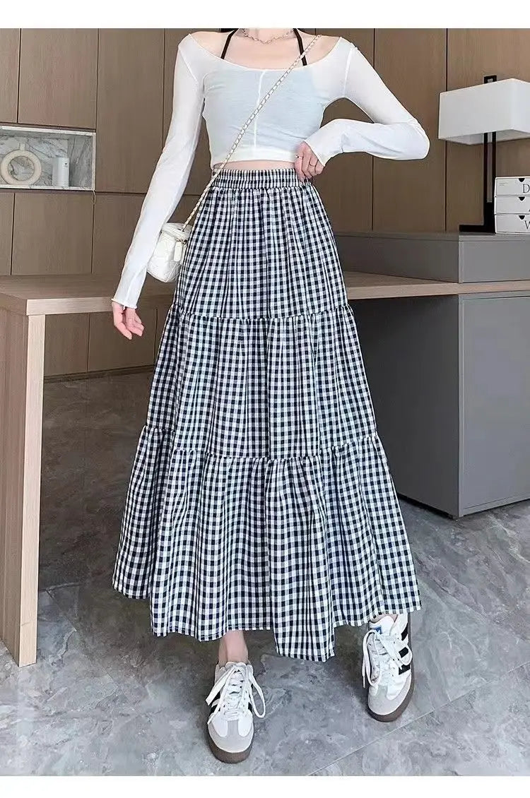 Jupe patchwork à volants pour femme, style vintage, à carreaux, taille haute, élastique, amincissante, mi-longue, été