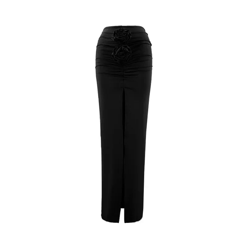 Nueva Falda de Verano para Mujer Ropa de Calle Faldas Sólidas Apliques Sexy Abertura Delgada Elegante Fiesta Femenina Recta Faldas de Cintura Alta