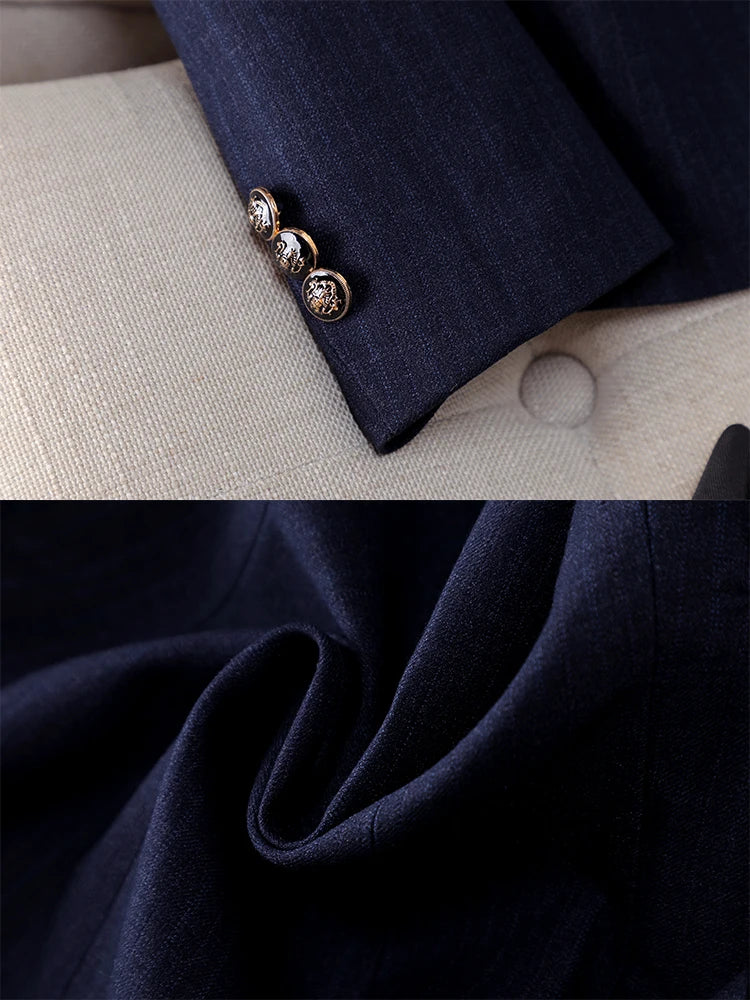 Traje de pantalón para mujer, para oficina, trabajo, conjunto de 2 piezas, blazer formal a rayas negras y azules y pantalón
