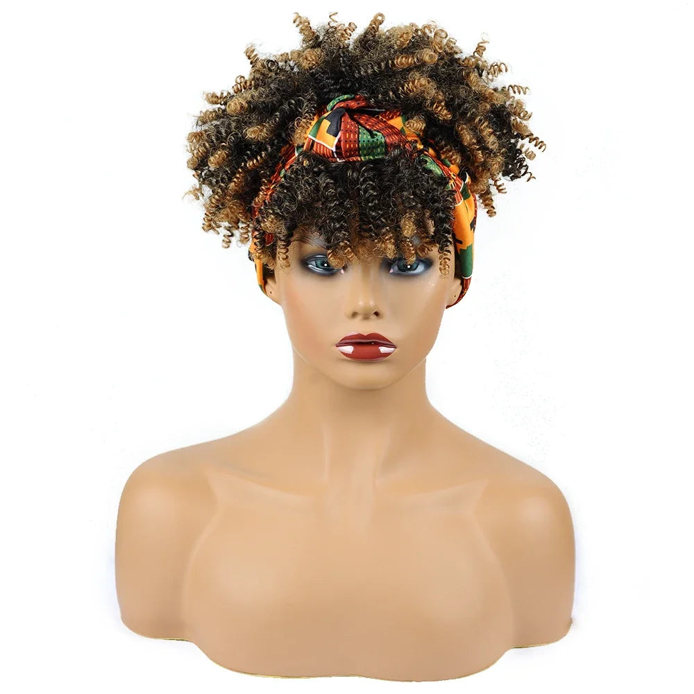 Fluffy Headband Wigs for Black Women Short Afro Kinky Curly Headwrap Wig High Temperature Natural Synthetic Headband Scarf Wig